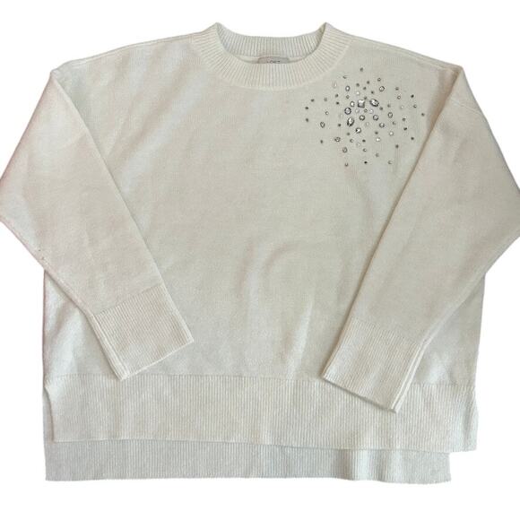 New LOFT Rhinestone Embellished Sweater SIZE XL Knit Neutral Relaxed Fit White - Picture 1 of 16